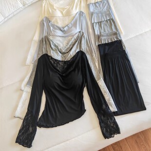 春秋季长袖莫代尔棉睡衣女士蕾丝花边性感纯欲风蕾丝带胸垫家居服