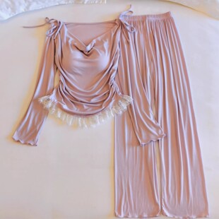 春秋冬季莫代尔睡衣女长袖长裤性感蕾丝边纯欲风带胸垫家居服套装