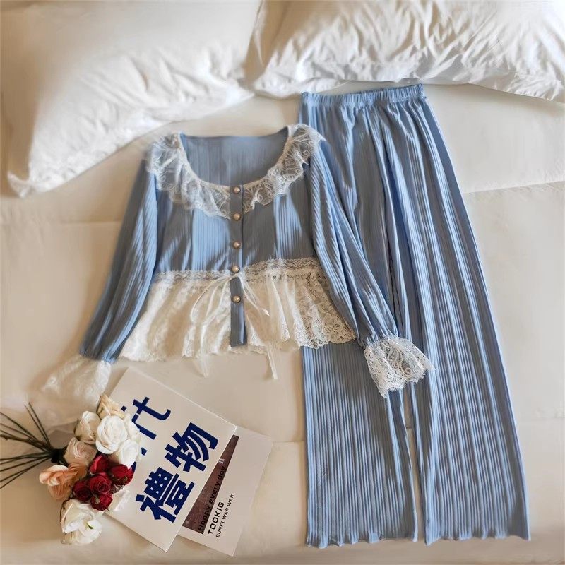 2026春秋季带胸垫睡衣女棉质长袖花边甜美网红可外穿家居服两件套,女士内衣/男士内衣/家居服,睡衣/家居服套装,淘宝优惠券,粉丝福利购,淘宝优惠卷