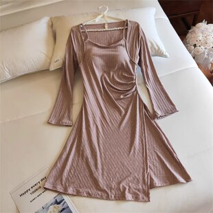2026春秋季莫代尔睡裙女不规则中长款连衣裙带胸垫性感睡衣家居服