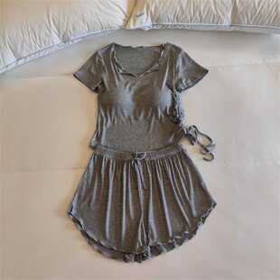 性感网红风家居服 带胸垫一体睡衣女夏季 短袖 V领两件套莫代尔薄款