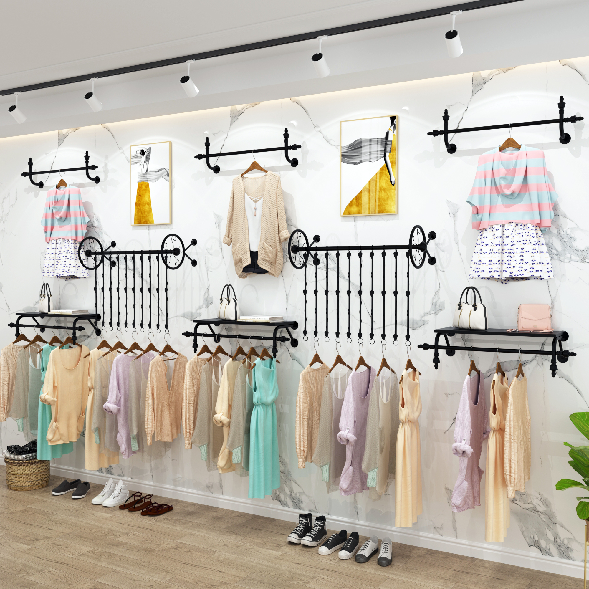 服装店展示架上墙男女装服装货架童装壁挂铁艺侧挂组合套装挂衣架