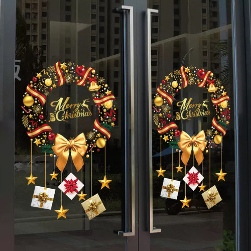 金色圣诞节装饰品静电玻璃门贴纸圣诞树花环商场橱窗贴画场景布置