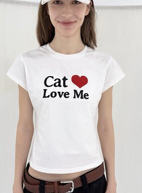 美式复古猫狗爱我印花白色短袖T恤女修身显瘦纯棉正肩短款上衣夏