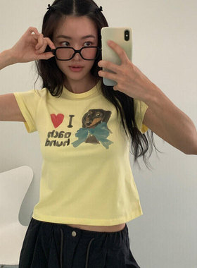 韩系ins风小狗印花正肩短袖T恤女夏黄色修身显瘦纯棉舒适短款上衣