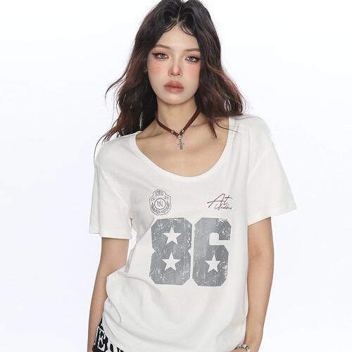 美式辣妹U领短袖宽松显瘦T恤