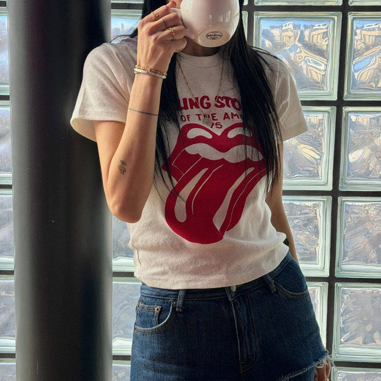 美式复古摇滚乐队舌头嘴唇印花短袖T恤女夏季修身显瘦短款上衣潮