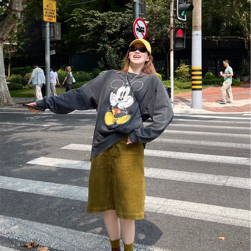 美式复古做旧米奇长袖T恤女