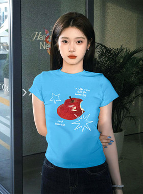 蓝色正肩短袖t恤女夏季美式高街印花小众设计感显瘦百搭上衣小衫