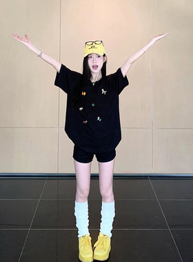 纯棉黑色短袖正肩T恤女夏2026新款宽松圆领卡通印花美式上衣大码