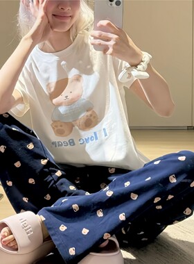 韩国可爱风卡通奶熊印花白色T恤女短袖夏季圆领宽松减龄正肩上衣