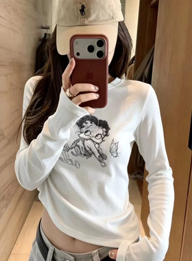 复古贝蒂印花长袖T恤女秋冬显瘦