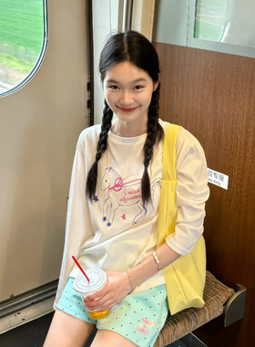 ins可爱手绘星星小马印花长袖罩衫女夏季薄款防晒透气慵懒长袖T恤