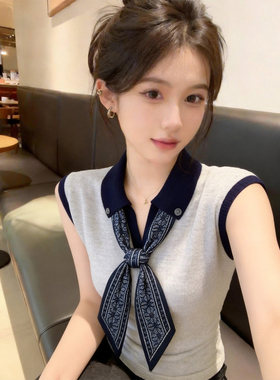 时尚撞色丝巾Polo领针织背心女2026夏季新款外穿无袖t恤百搭上衣