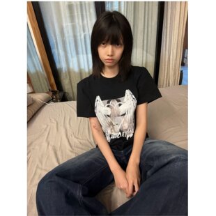 美式复古千禧辣妹风爱心翅膀印花短袖T恤女修身显瘦百搭短款上衣