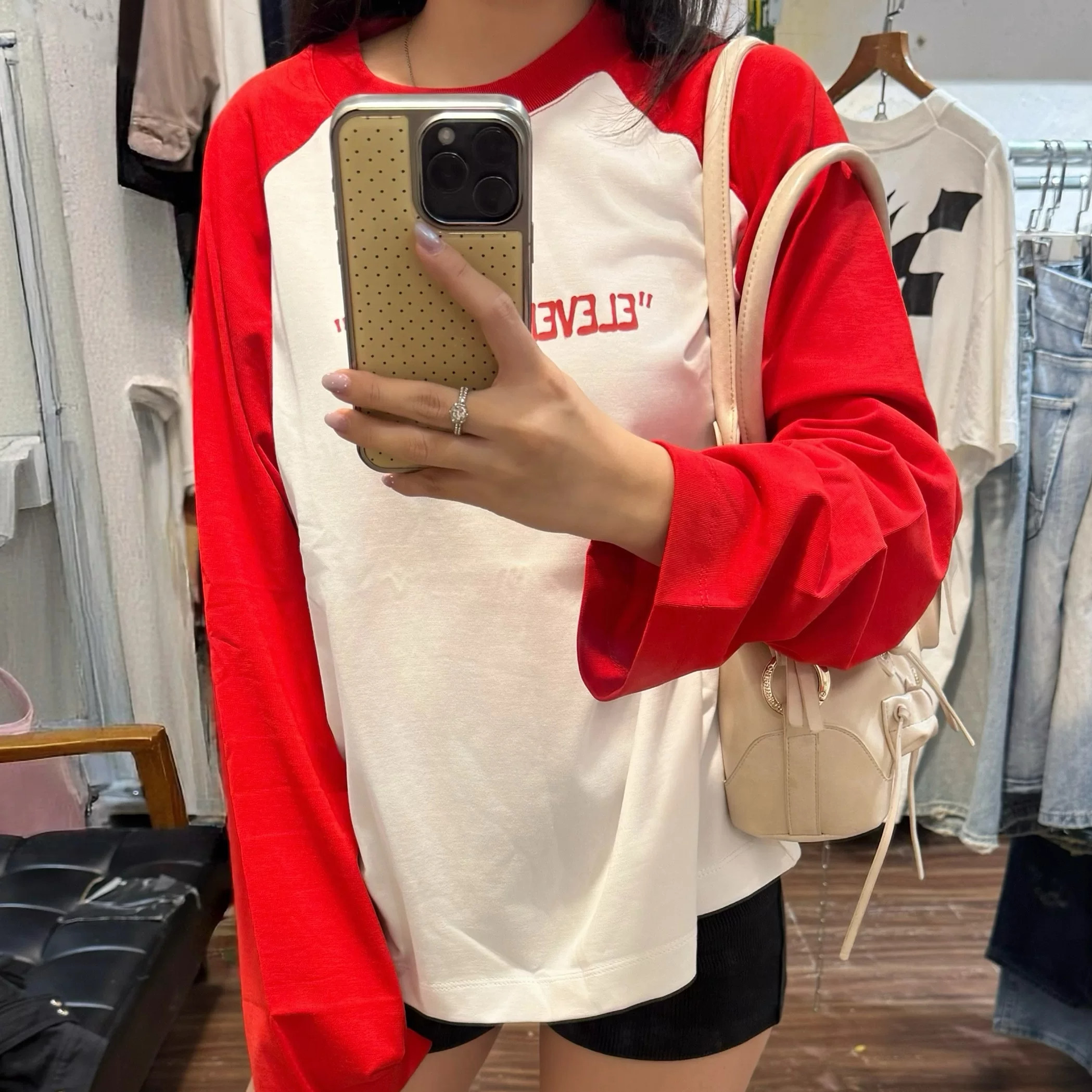 韩系ins小众简约字母印花插肩撞色长袖T恤女慵懒休闲宽松打底上衣
