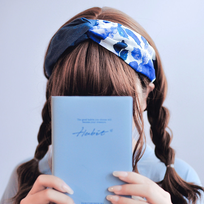 本守造原创手工交叉发箍拼接撞色蓝色日韩日系森女印花花朵