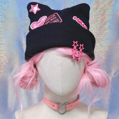 本守造原创爱心黑粉毛线猫耳帽