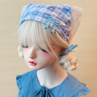 本守造原创手工浅蓝格子蕾丝三角巾发箍头箍百搭蓝色