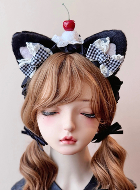 本守造原创手工黑蝴蝶结樱桃小蛋糕猫耳发箍兽耳lolita毛绒kc黑色