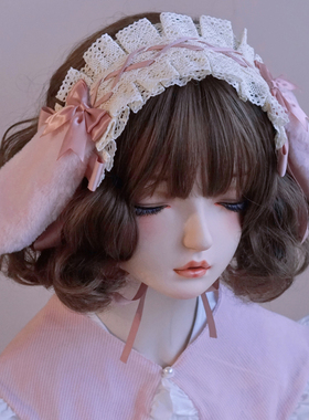 本守造原创手工垂耳兔兔子发带bnt lolita kc粉色蝴蝶结蕾丝