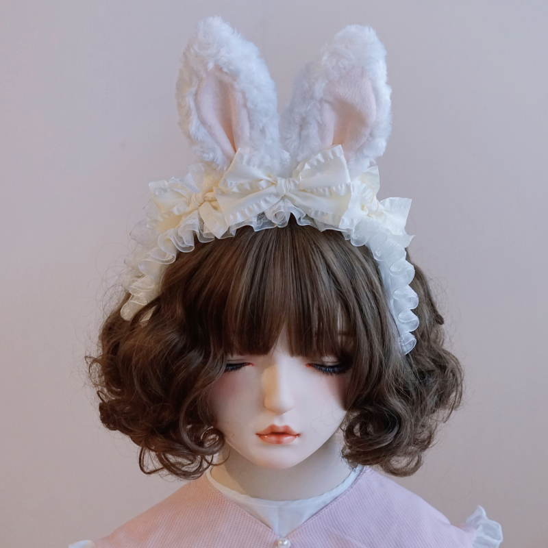 本守原创手工毛绒兔耳箍头lolita