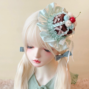 本守造原创手工蝴蝶结樱桃蛋糕小礼帽发夹边夹lolita薄荷巧克力色