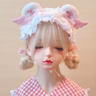 本守造原创手工天使翅膀毛绒小熊耳朵发带lolita兽耳bnt白粉色
