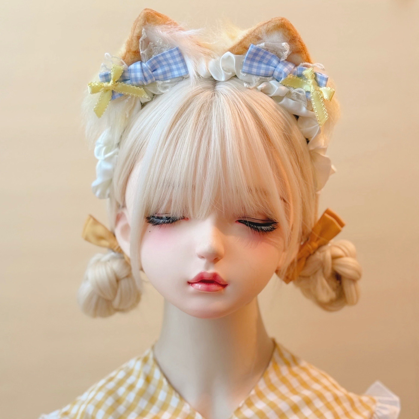 本守造原创手工黄蝴蝶结糖果毛绒猫耳发箍兽耳lolita毛绒kc黄色