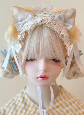 本守造原创手工蝴蝶结橘猫猫耳蕾丝发带毛绒兽耳lolita黄色bnt