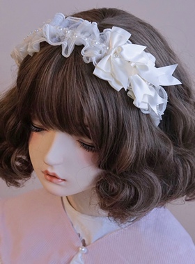 本守造原创手工米白荷叶边褶皱蝴蝶结发箍头箍Lolita kc