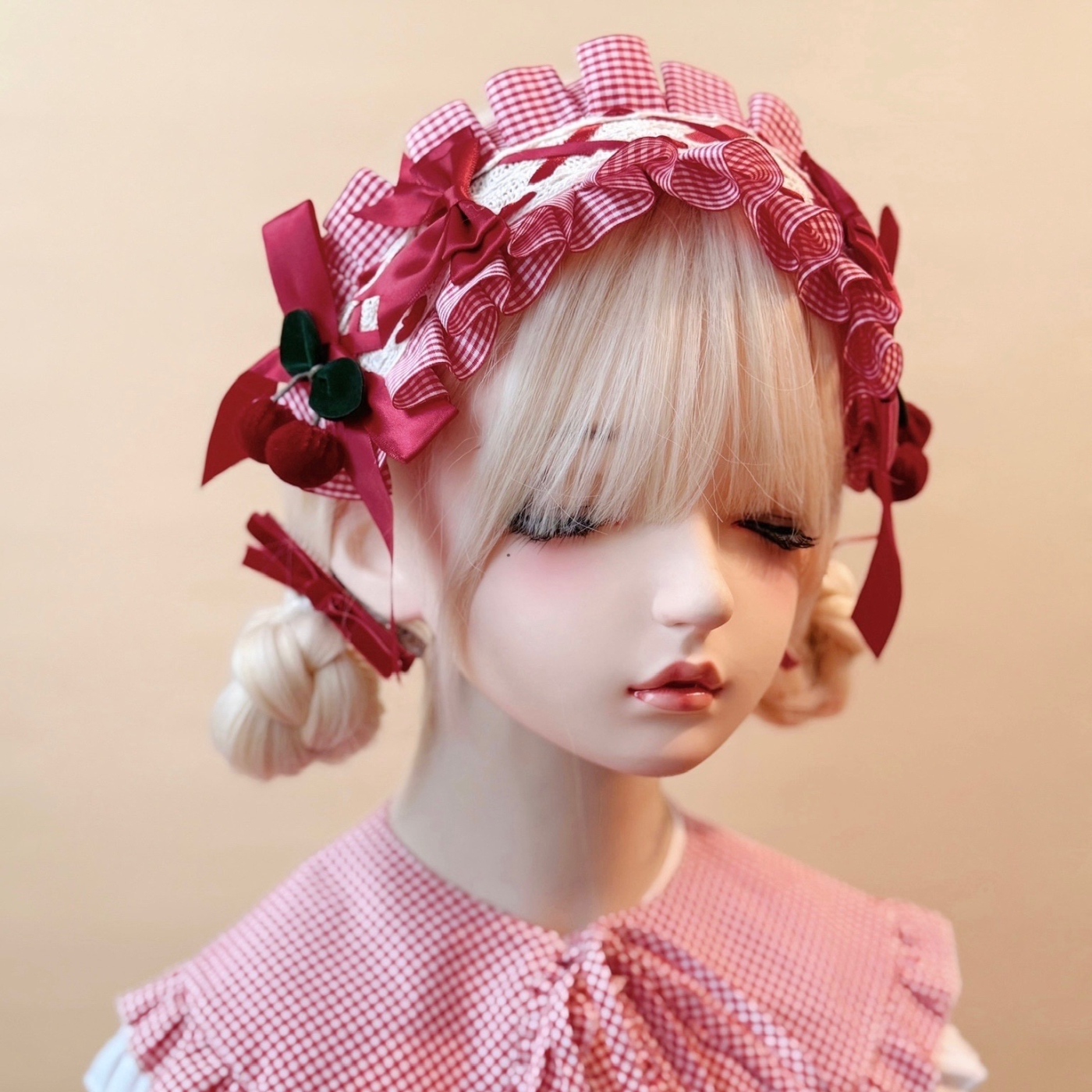 本守造原创毛绒樱桃红白格子发带