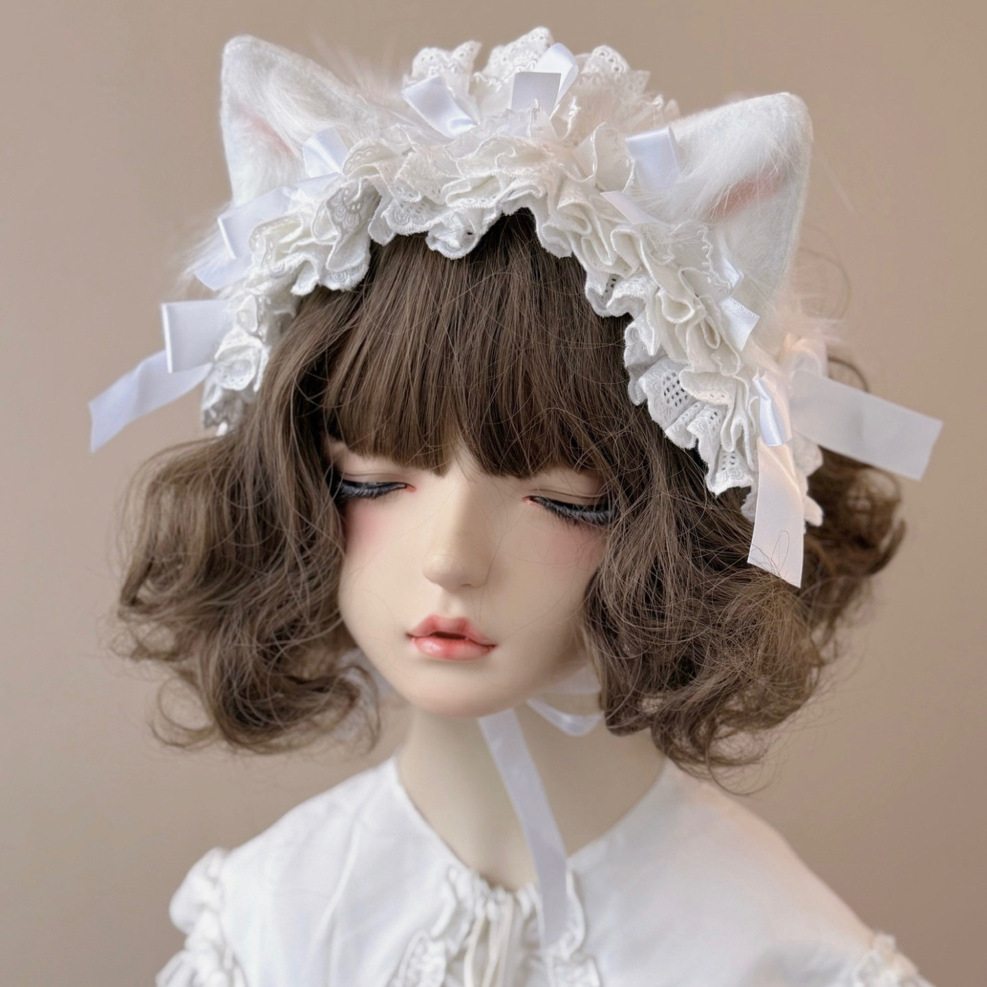 本守造原创手工缎带蝴蝶结毛绒猫耳发带兽耳lolita蕾丝bnt白色