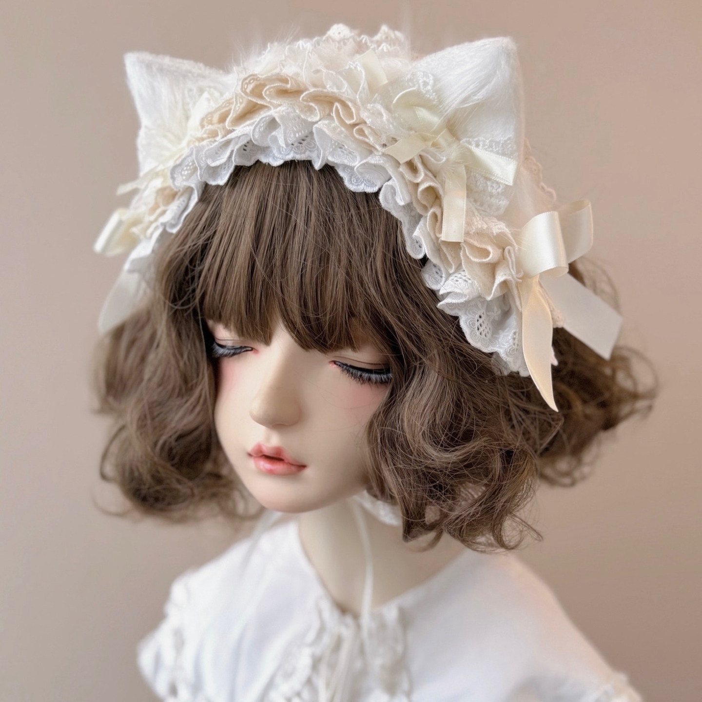 本守造原创手工蝴蝶结毛绒猫耳发带兽耳lolita蕾丝褶皱bnt白色