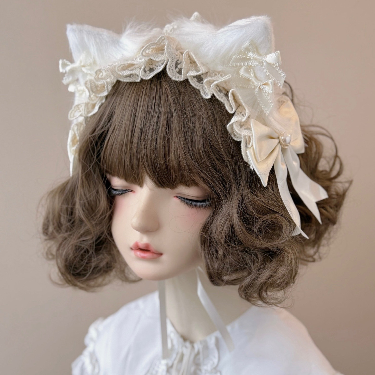 本守造原创手工缎面蝴蝶结毛绒猫耳发带兽耳lolita蕾丝bnt白色