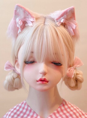 本守造原创手工蕾丝蝴蝶结毛绒猫耳发箍兽耳lolita毛绒kc粉色