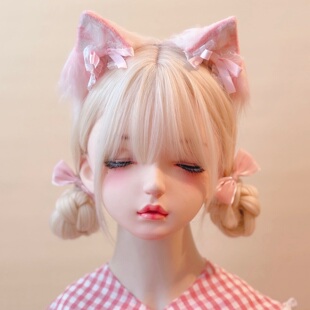 本守造原创手工蕾丝蝴蝶结毛绒猫耳发箍兽耳lolita毛绒kc粉色