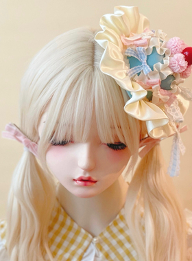 本守造原创手工樱桃蛋糕蝴蝶结小礼帽发夹边夹日系Lolita黄蓝色