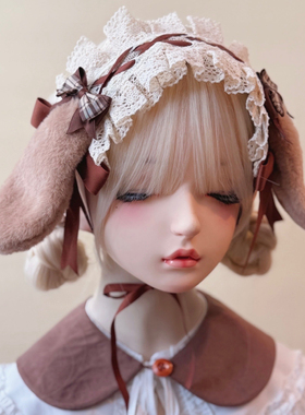 本守造原创手工棕格蝴蝶结毛绒垂耳兔发带兽耳lolita蕾丝bnt棕色