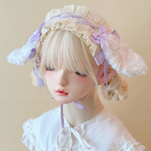 本守造原创手工蕾丝褶皱毛绒垂耳兔缎带发带兽耳lolita白紫色bnt