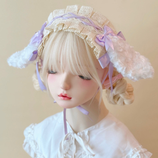 本守造原创手工蕾丝褶皱毛绒垂耳兔缎带发带兽耳lolita白紫色bnt