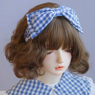 本守造原创手工蓝色格子大蝴蝶结发箍头箍日韩日系森女
