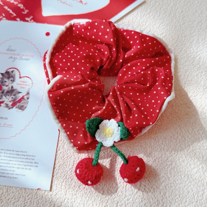 本守造原创手工钩针小花樱桃小波点蕾丝发圈发绳头绳肠圈软妹红色