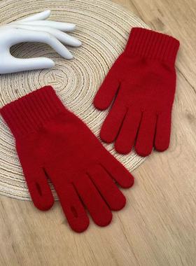 本命年大红色针织毛线手套女冬季保暖加绒开洞漏指触屏学生圣诞节