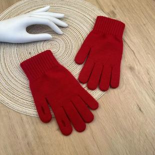 本命年大红色针织毛线手套女冬季保暖加绒开洞漏指触屏学生圣诞节