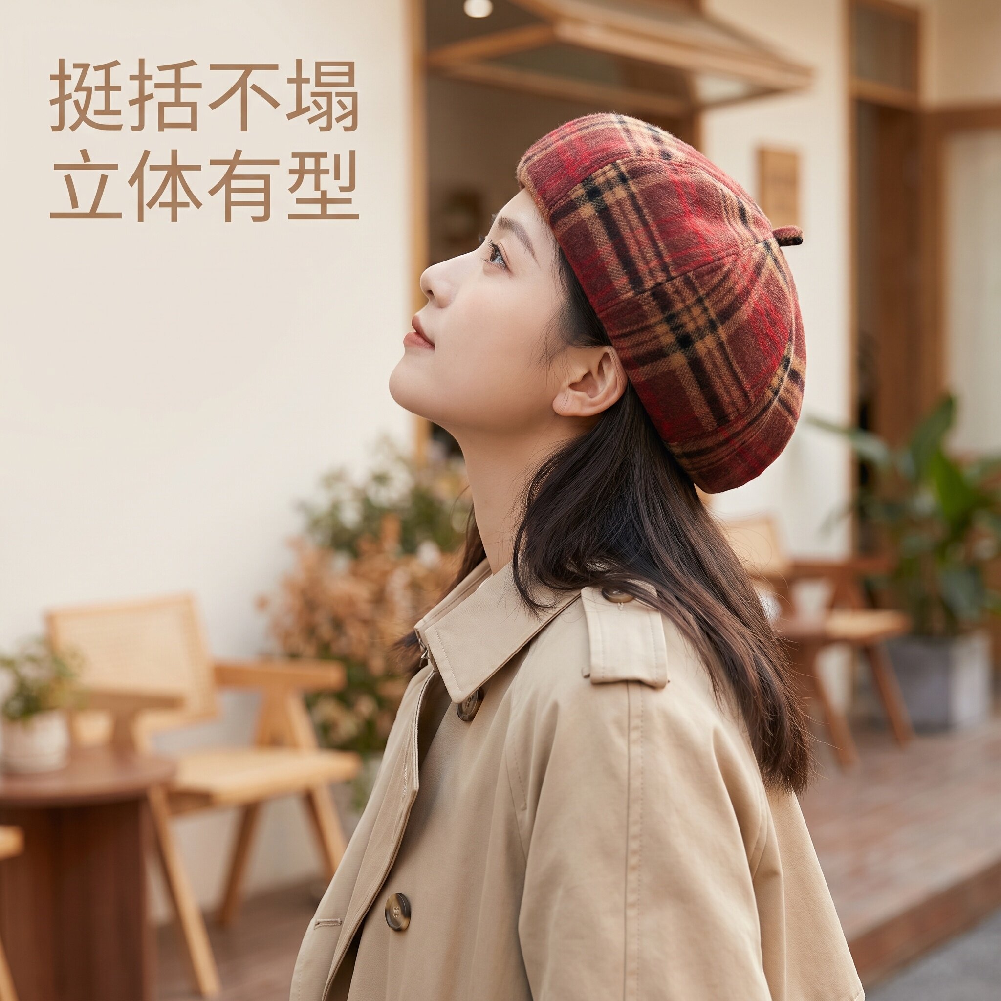 复古格纹八角贝雷帽女秋冬保暖潮