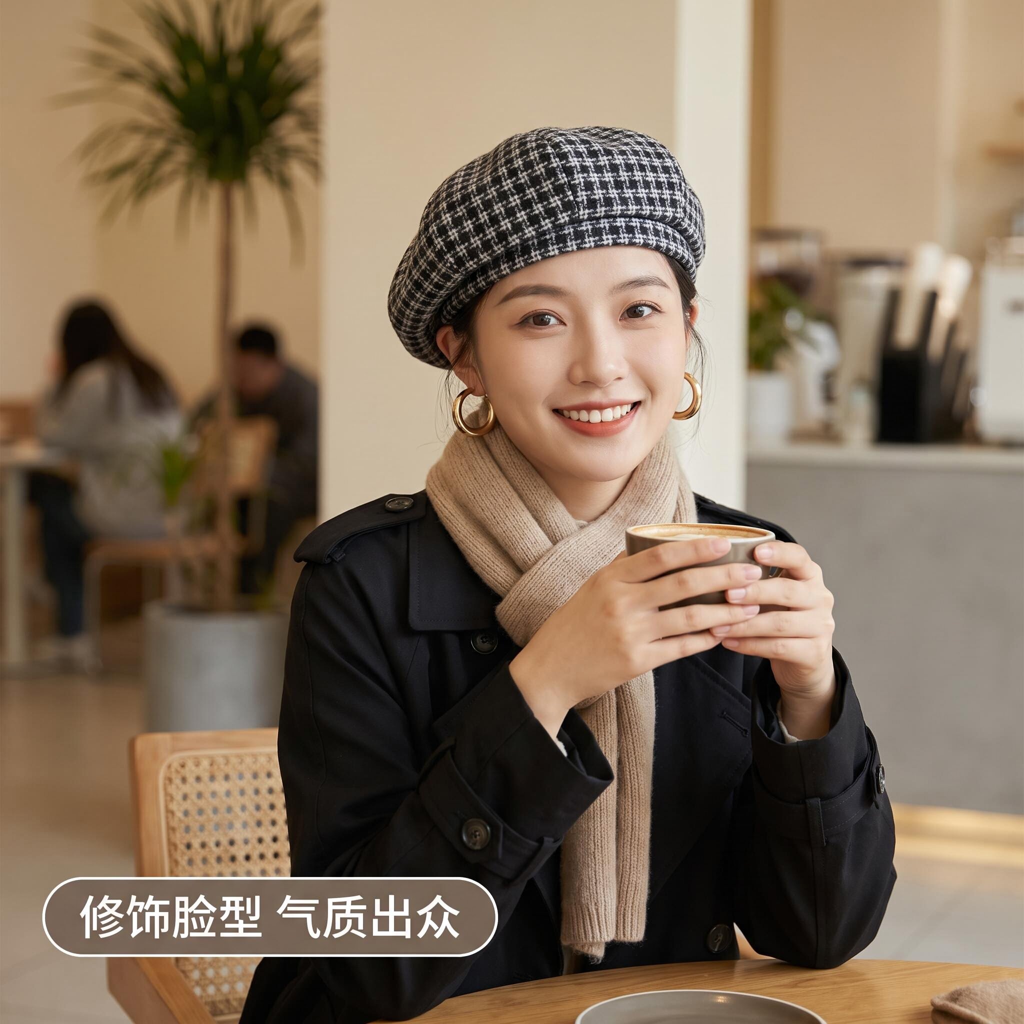 复古千鸟格贝雷帽女秋冬显脸小