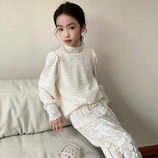 高领加绒蕾丝衫女童2025秋冬新款儿童百搭白色内搭打底衫上衣