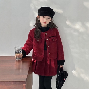女童羽绒小香风套装儿童洋气百褶裙红色裙子拜年服冬装外套过年