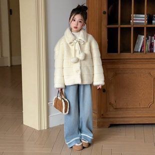 冬装新款女童甜美蝴蝶结可爱仿貂毛皮草外套儿童千金皮毛一体大衣